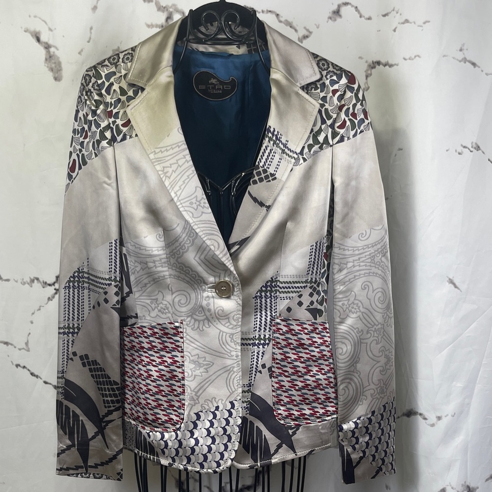 Etro Patterned Tailored Blazer Jacket Lined Silve… - image 1